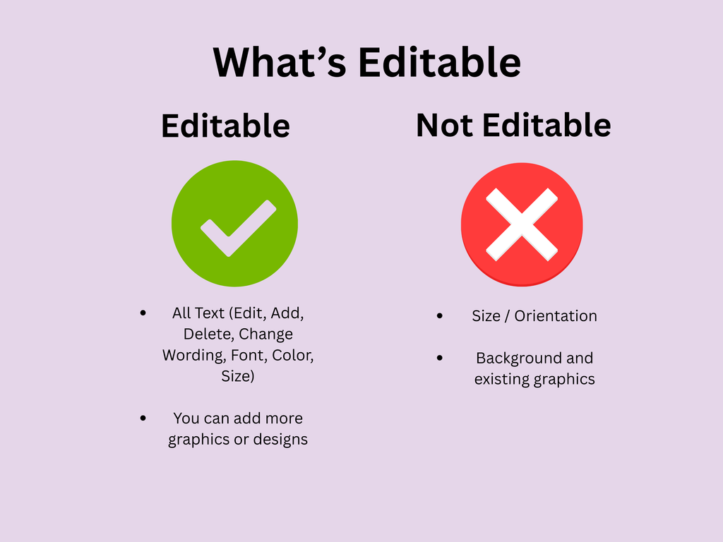 Comparison chart showing what is editable and not editable on a purple background.