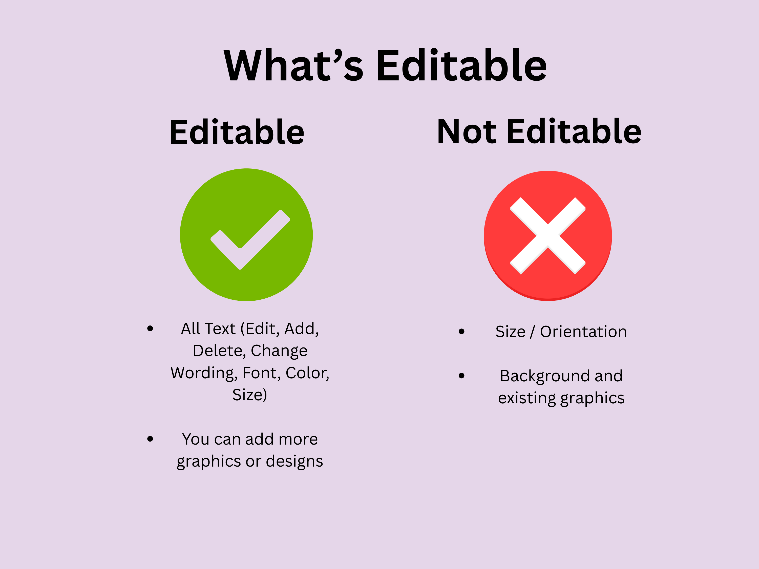 Comparison chart showing what is editable and not editable on a purple background.