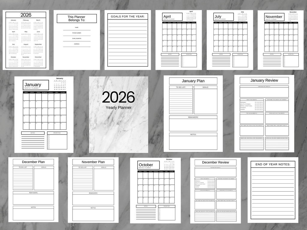 Collection of 2026 planner pages on a gray background