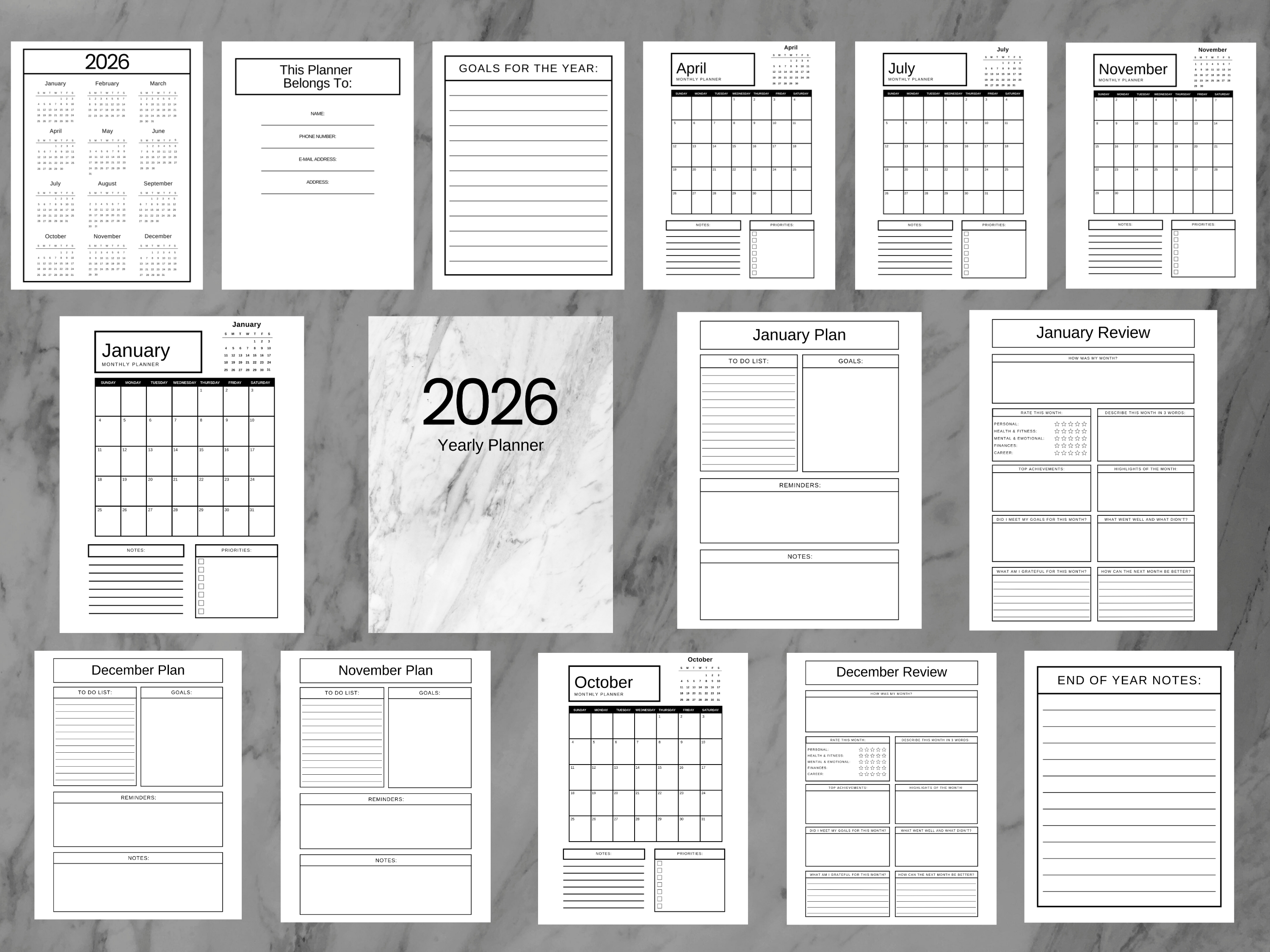 Collection of 2026 planner pages on a gray background