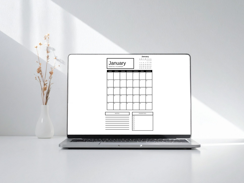 Laptop displaying a January calendar on a white surface with a vase of flowers.