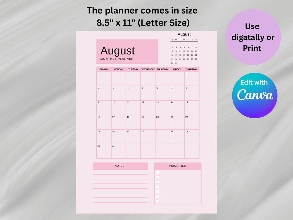 Pink monthly planner with August date on a gray background, featuring text about size and Canva editing option.