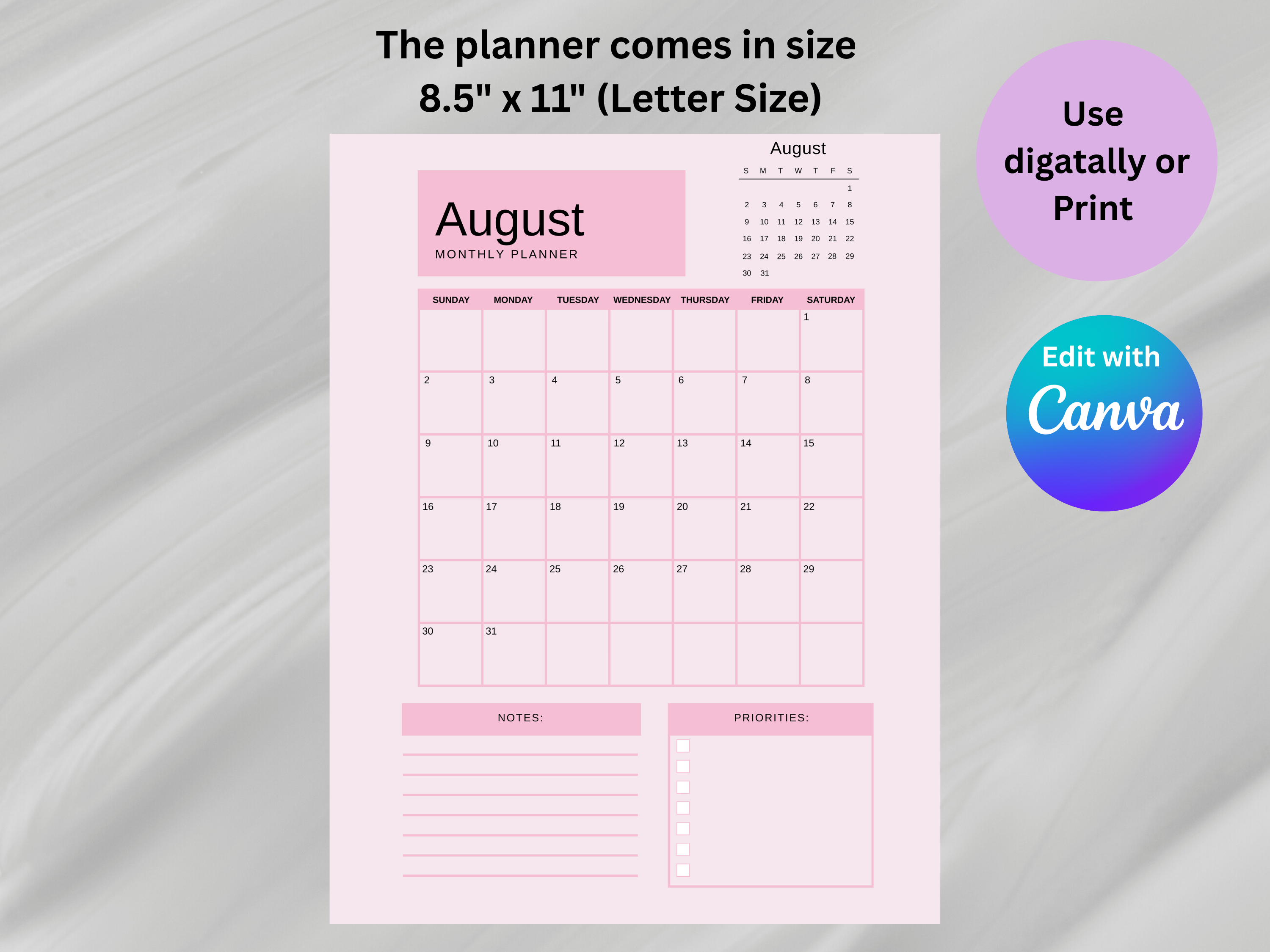 Pink monthly planner with August date on a gray background, featuring text about size and Canva editing option.