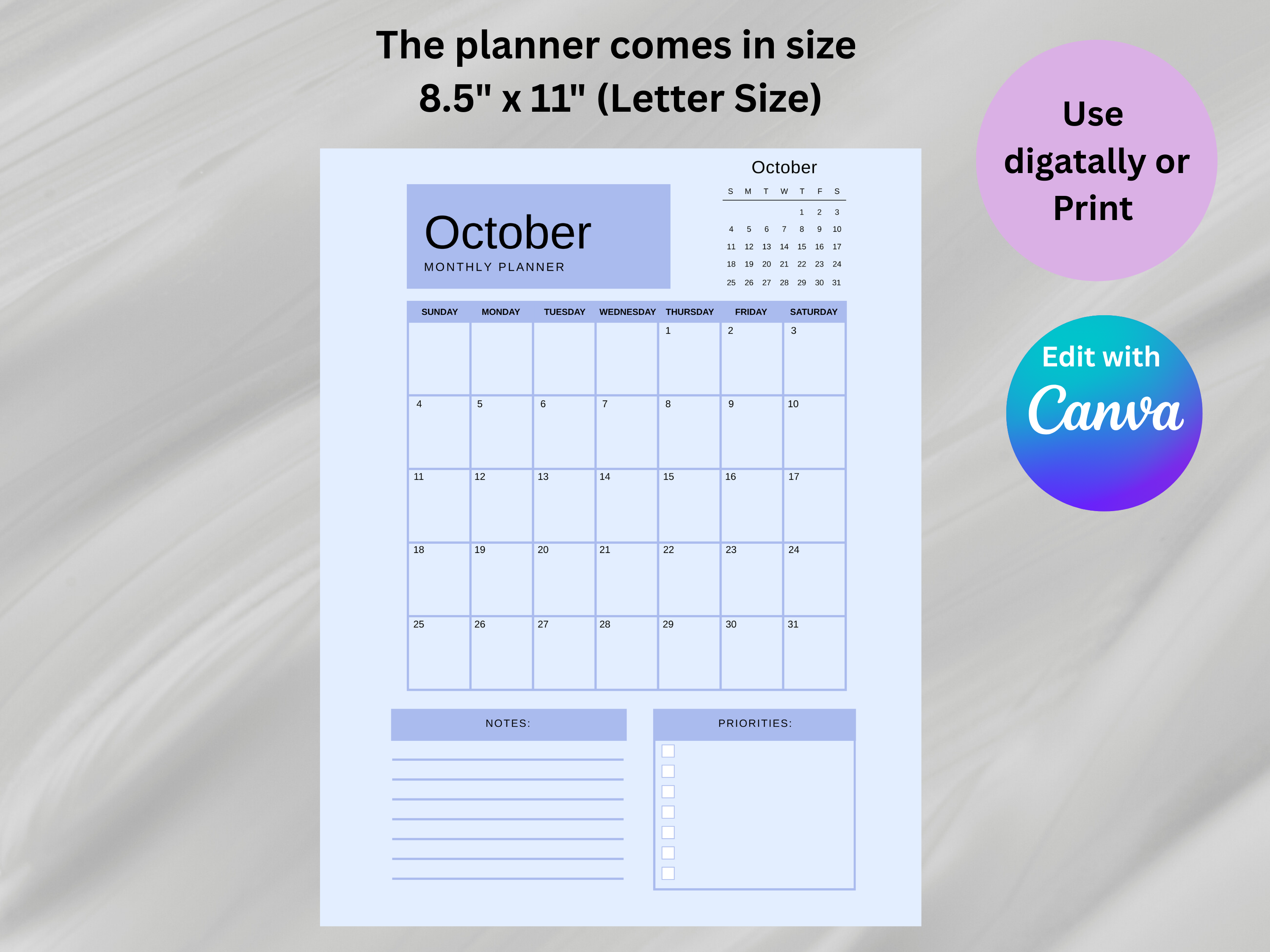 October planner with space for notes and priorities on a light gray background