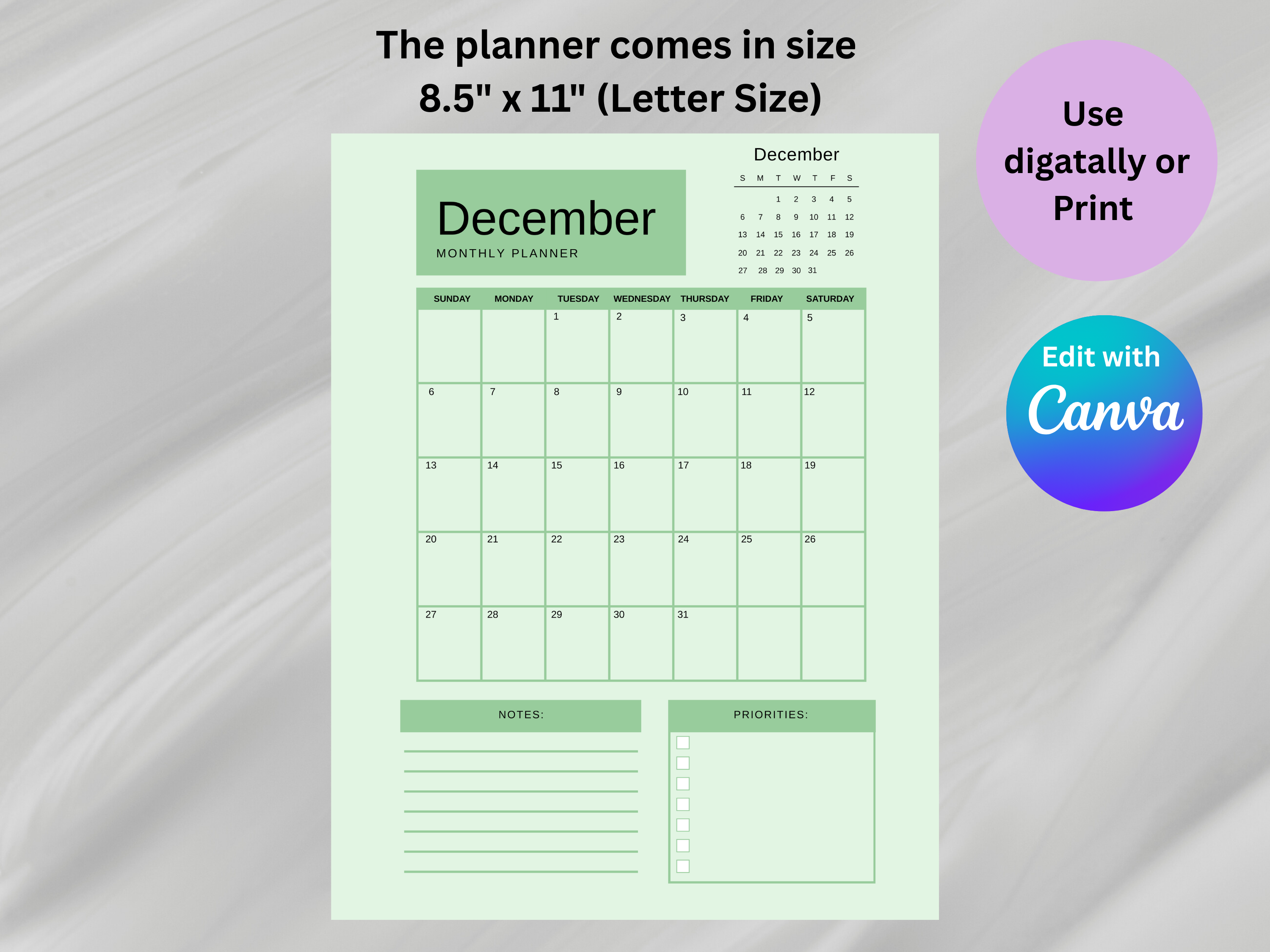 December planner calendar on a light gray background with text about size and digital options.