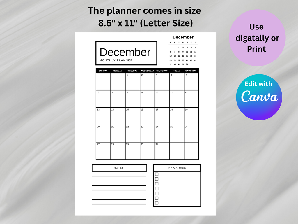 December monthly planner with size 8.5" x 11" on a gray background