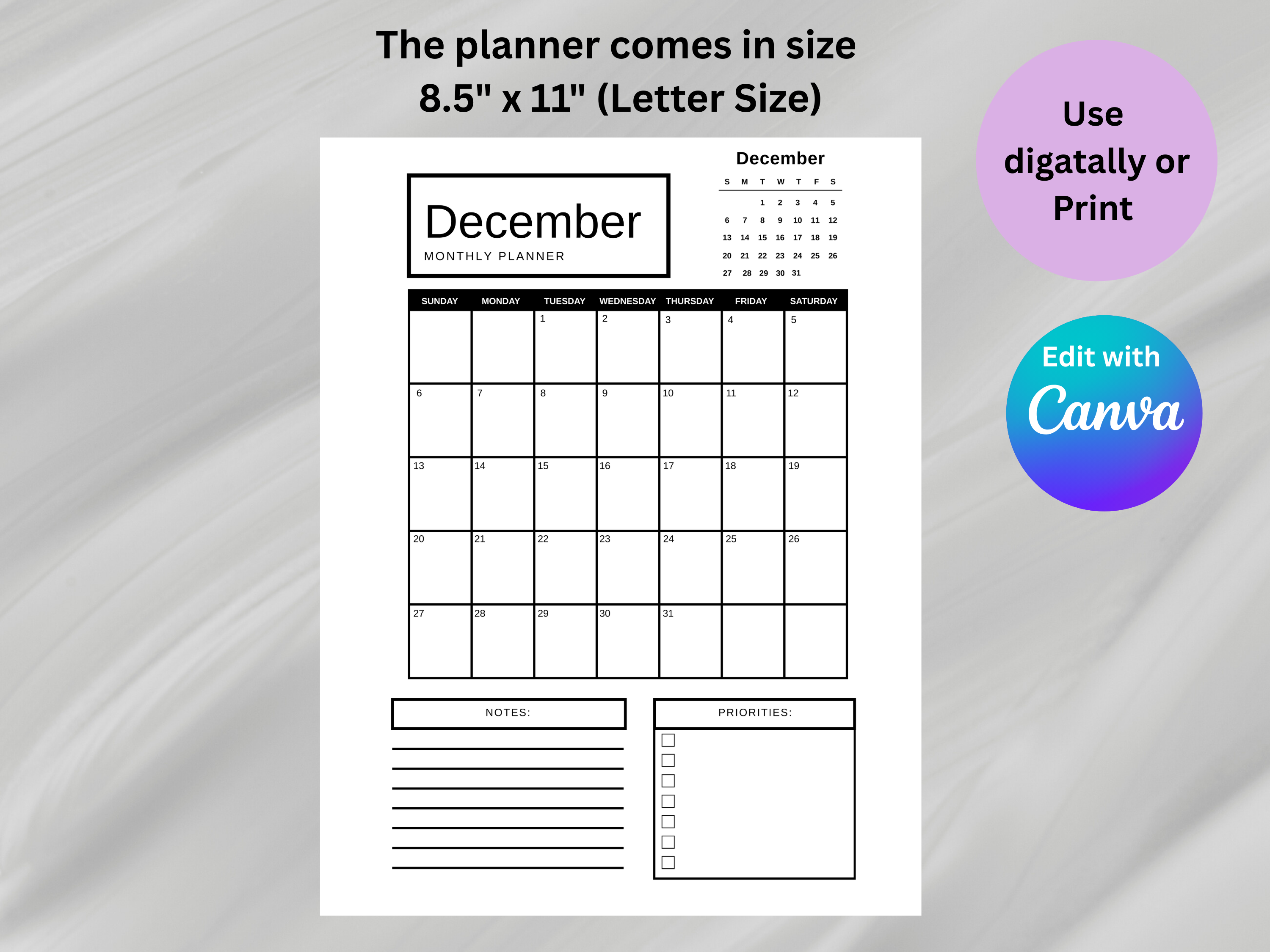 December monthly planner with size 8.5" x 11" on a gray background