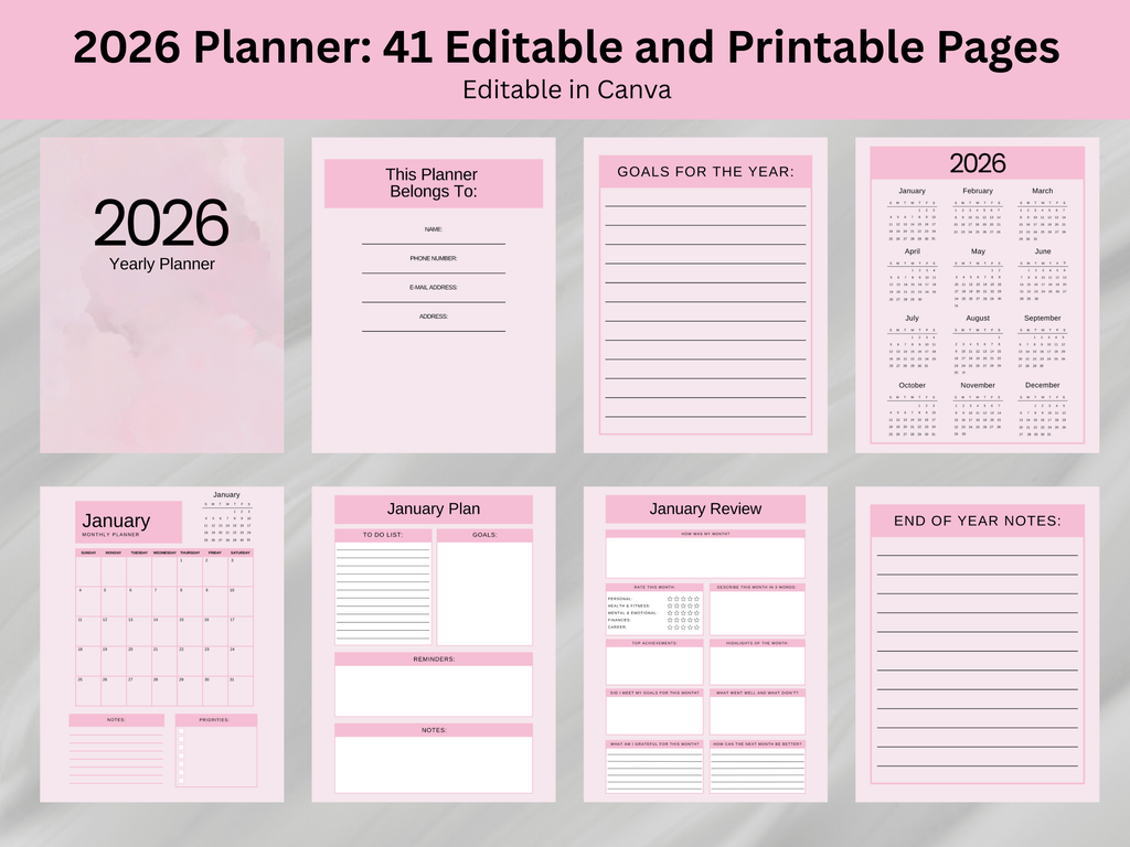 2026 planner with various pages on a gray background