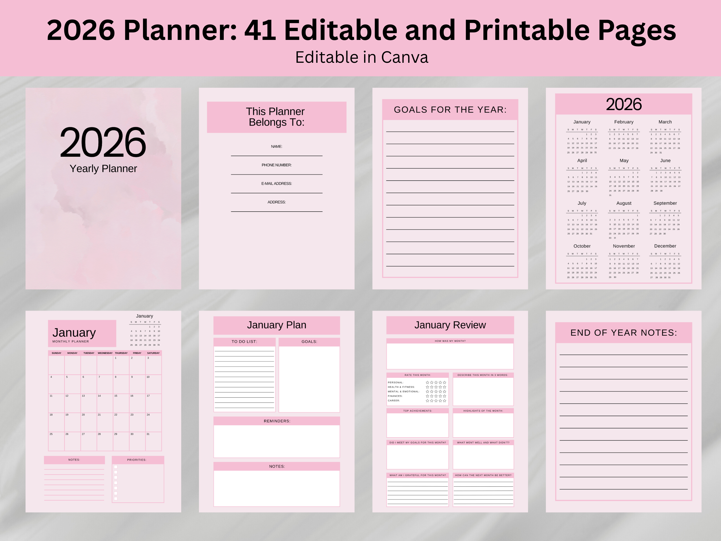 2026 planner with various pages on a gray background