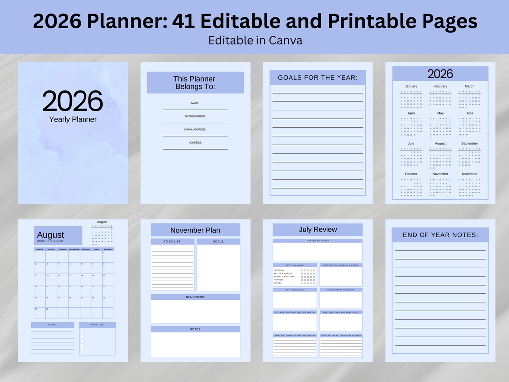 2026 planner with various pages on a light gray background