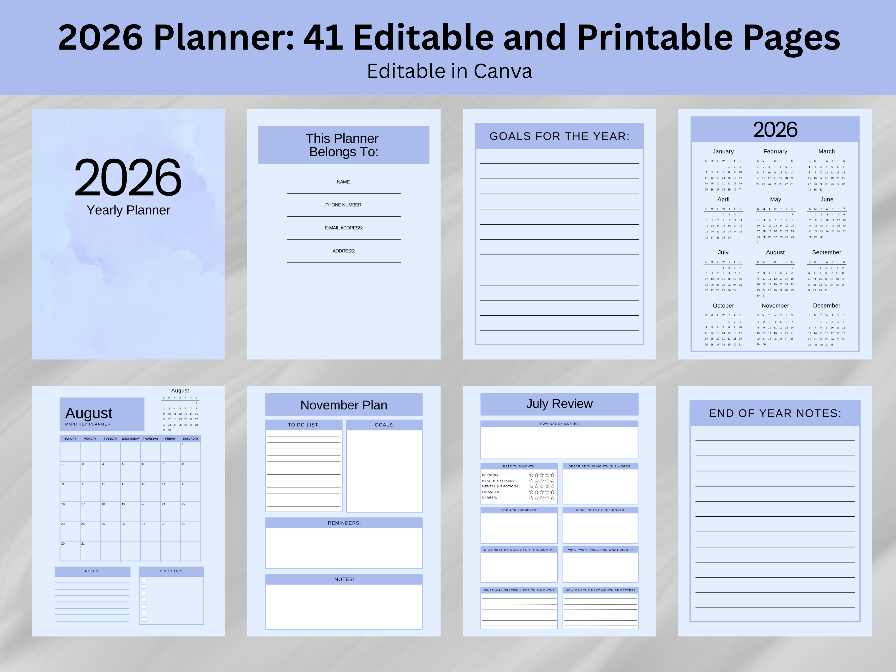 2026 planner with various pages on a light gray background