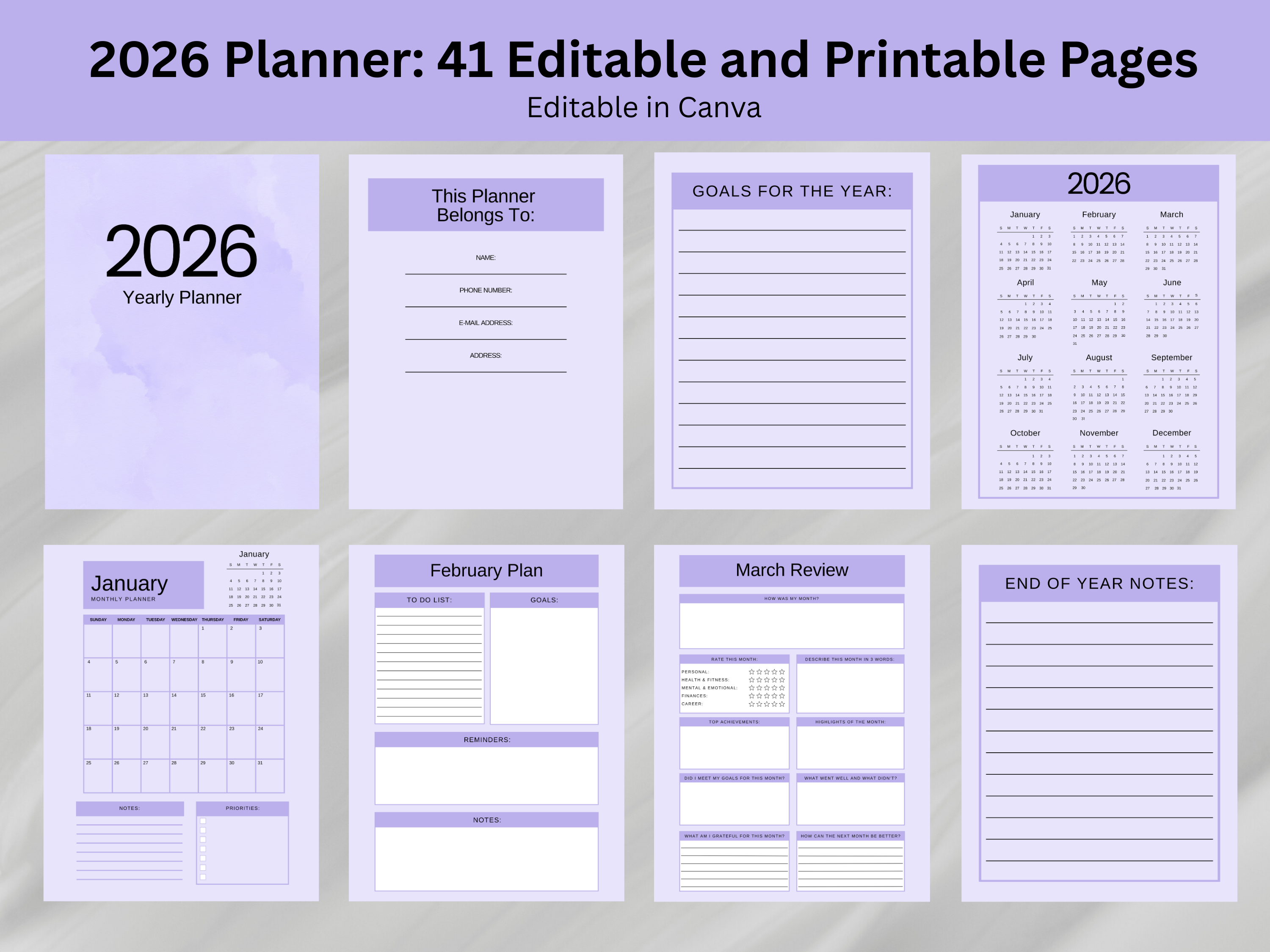 2026 planner with various pages on a light gray background