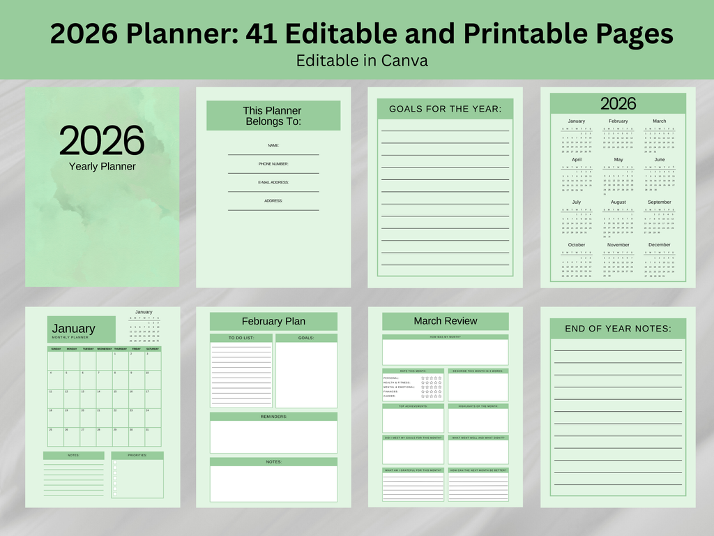 2026 planner with various sections on a green background