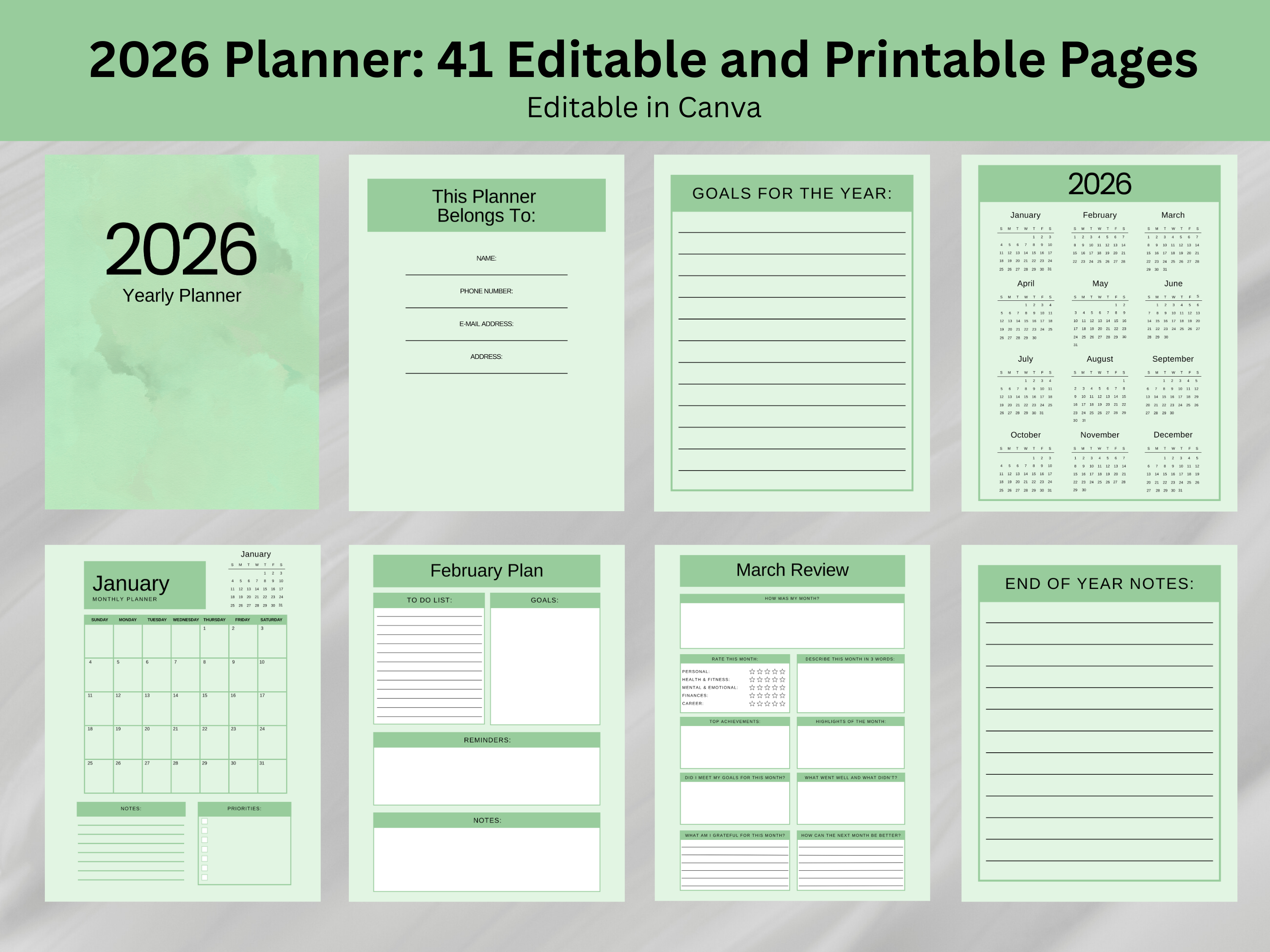 2026 planner with various sections on a green background
