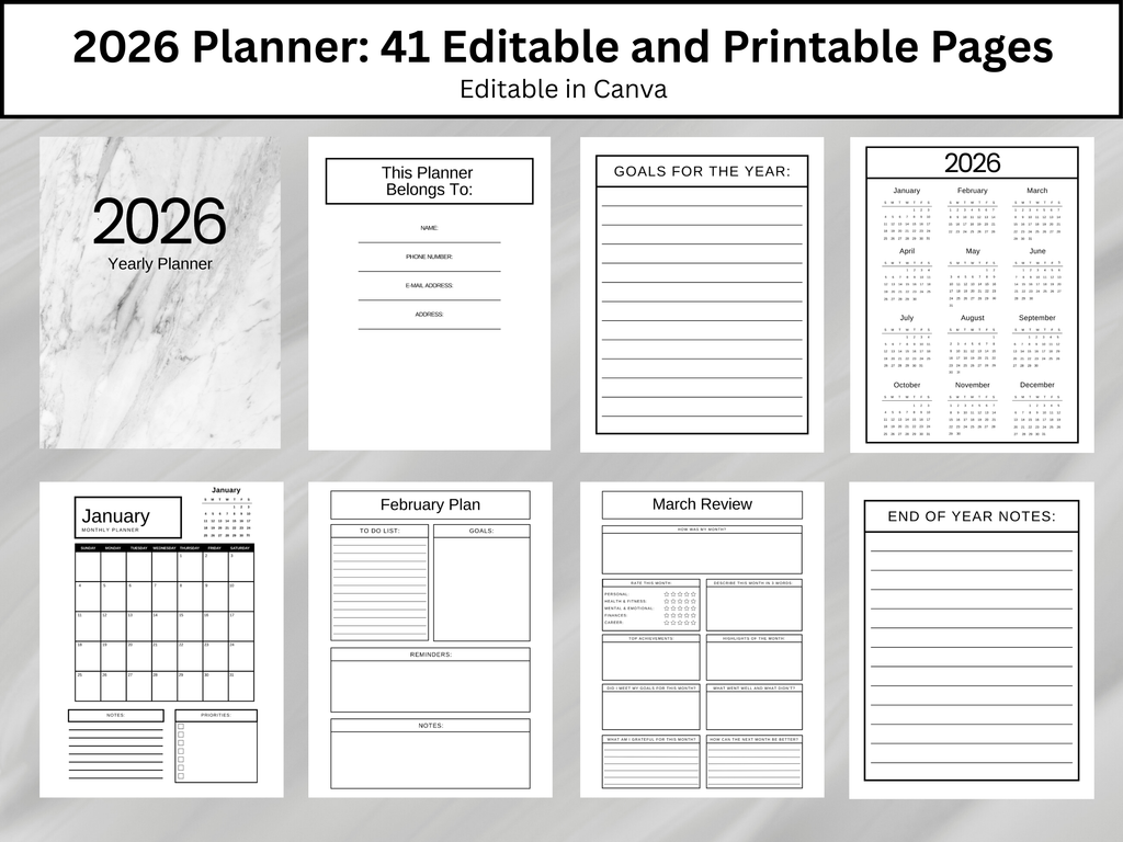 2026 planner with various pages on a gray background