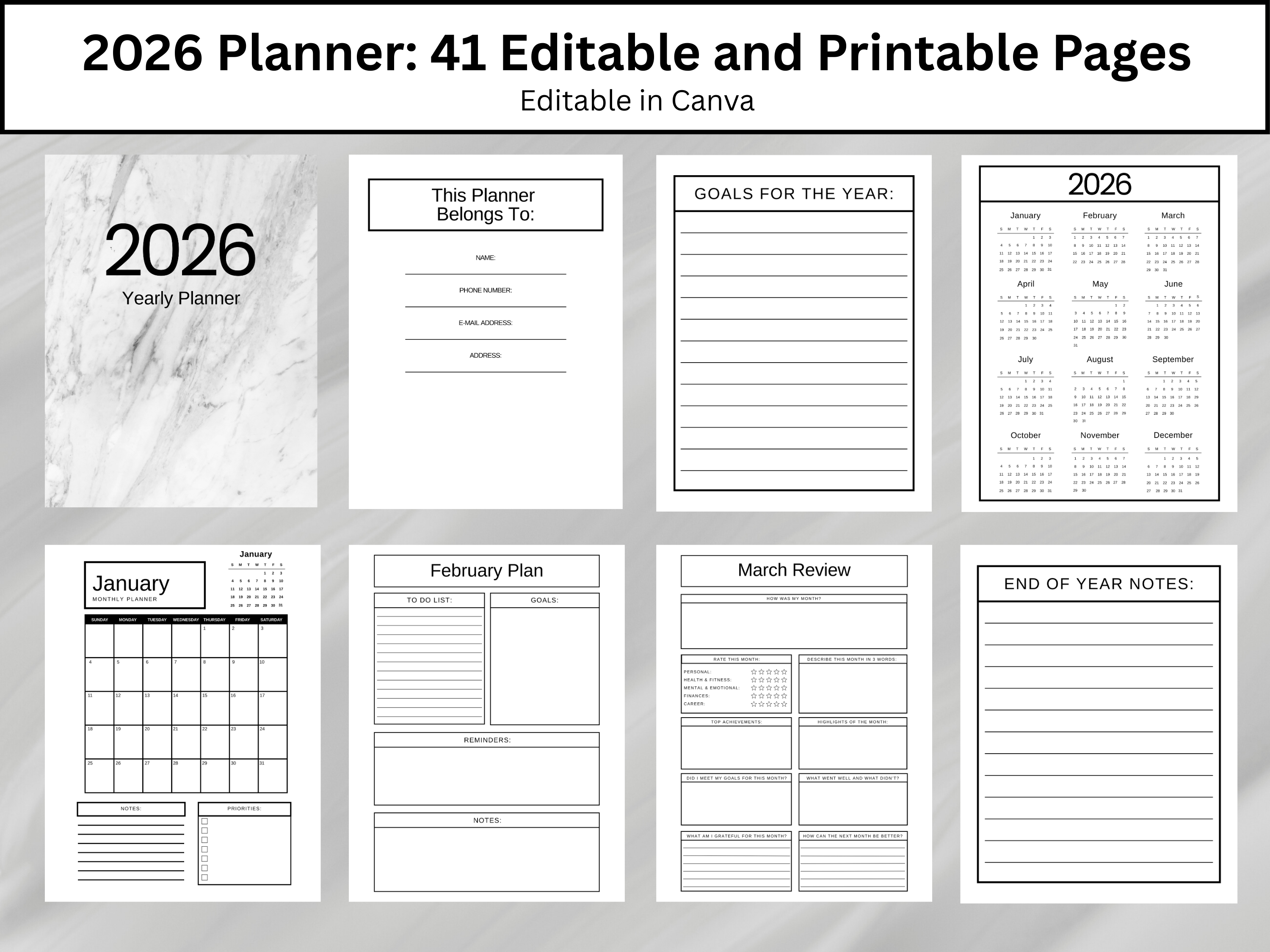 2026 planner with various pages on a gray background