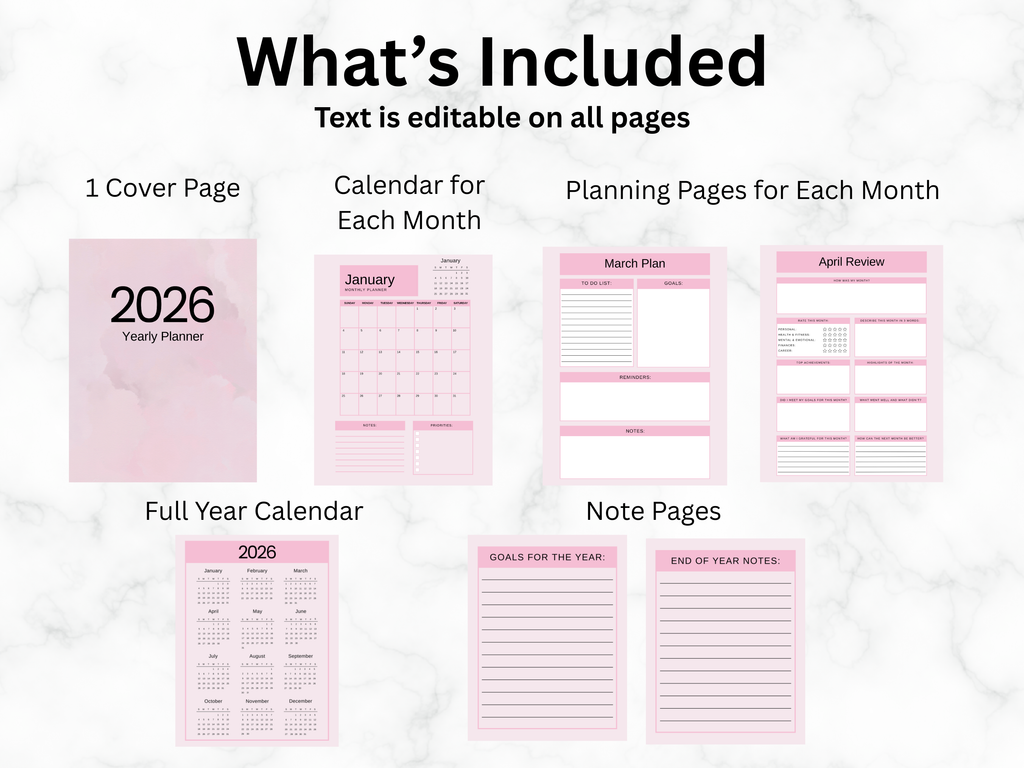 2026 planner with cover, monthly calendars, planning pages, and note sections on a white background.