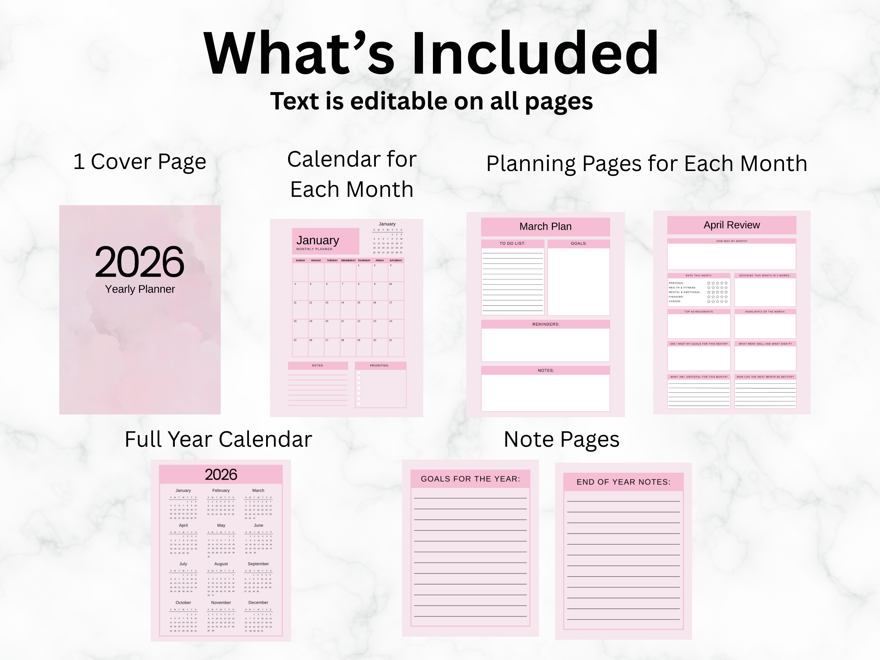 2026 planner with cover, monthly calendars, planning pages, and note sections on a white background.
