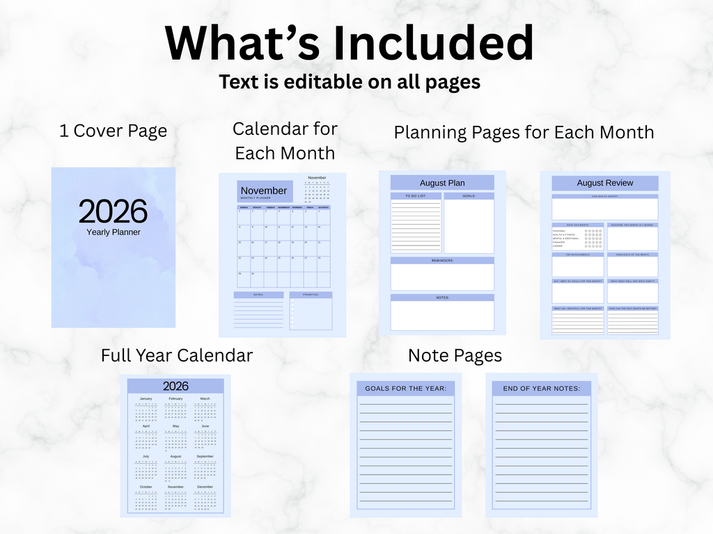 2026 planner with various pages including cover, monthly calendars, planning pages, and goal notes on a white background.