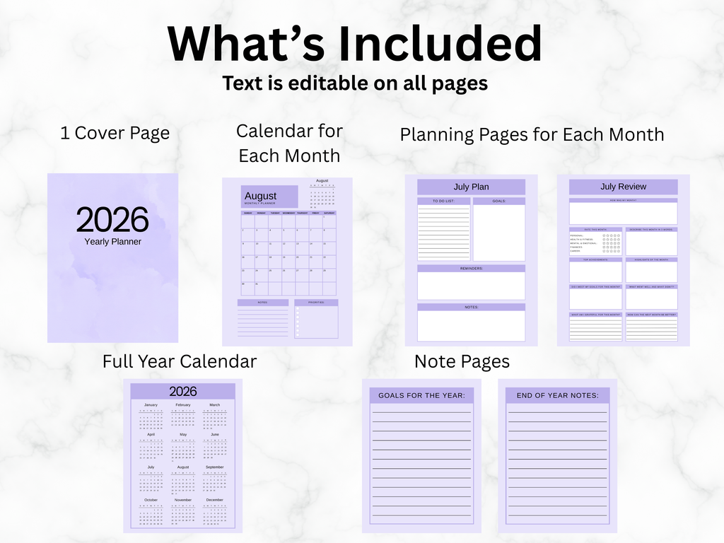 2026 planner with various pages including a yearly planner, monthly calendars, and planning pages on a white background.