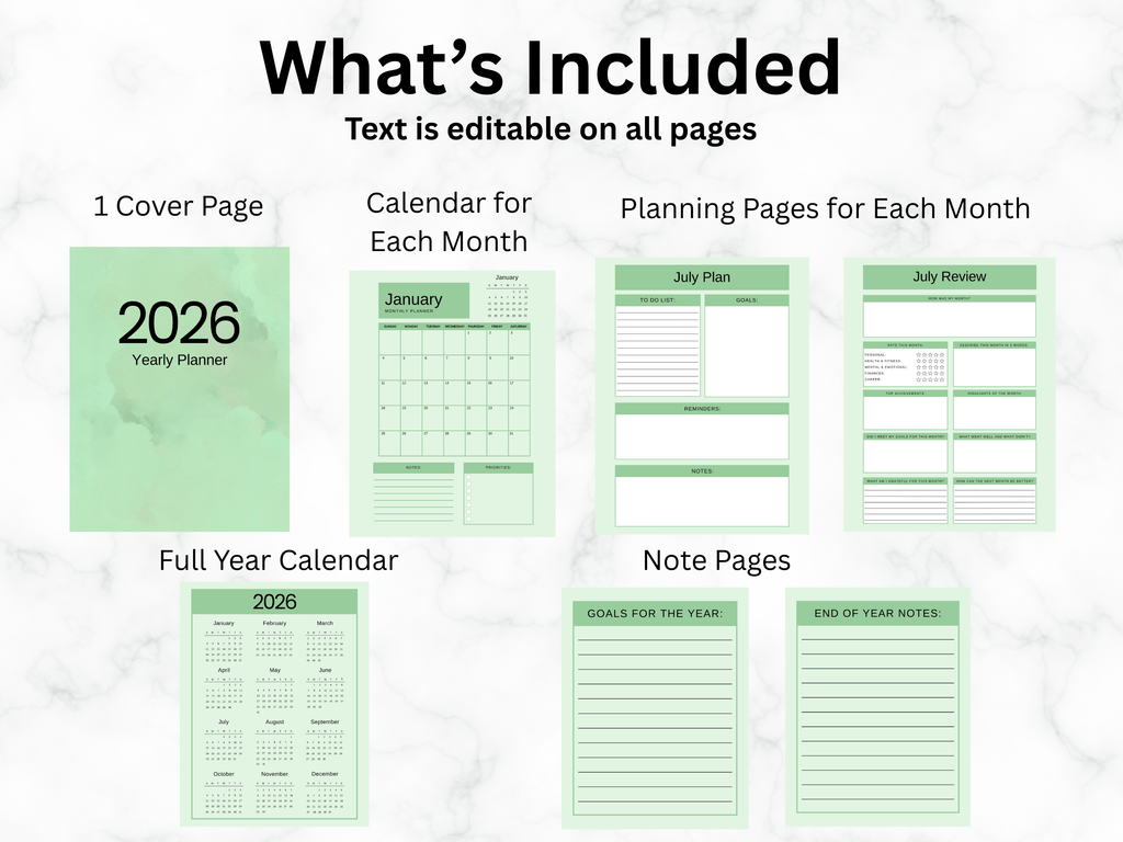 2026 planner with various sections including a cover page, calendar for each month, planning pages, and note pages on a white background.