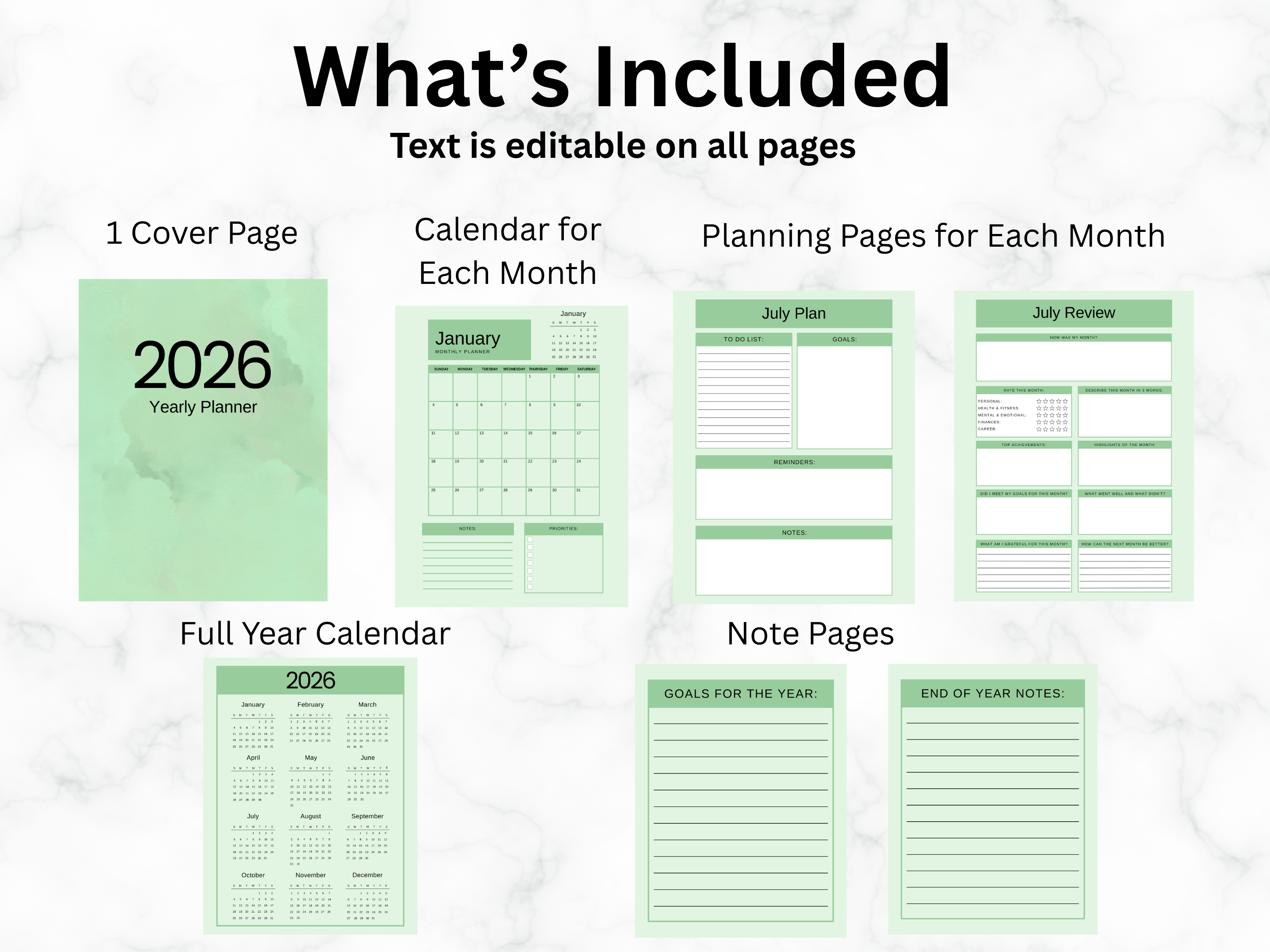 2026 planner with various sections including a cover page, calendar for each month, planning pages, and note pages on a white background.