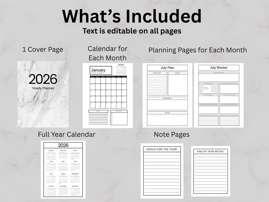 2026 planner with cover, monthly calendars, planning pages, and notes on a gray background