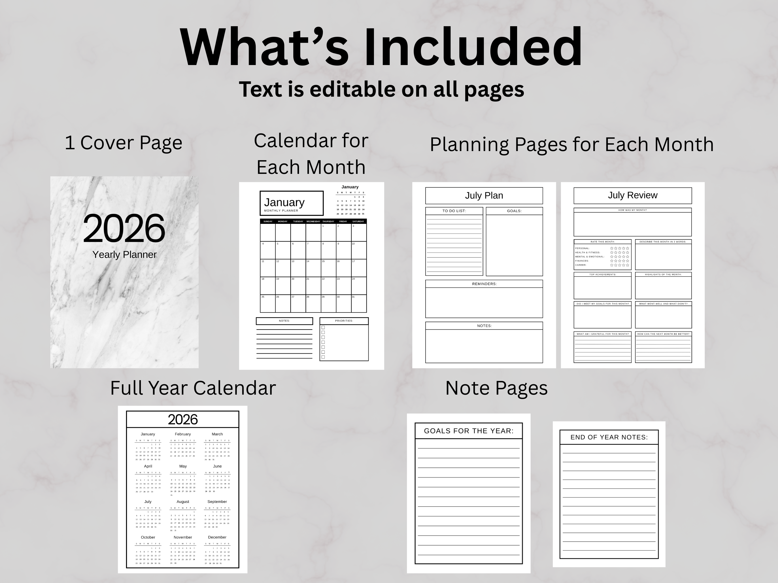 2026 planner with cover, monthly calendars, planning pages, and notes on a gray background