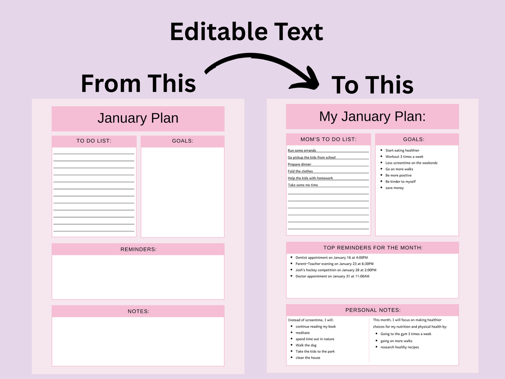 Pink January plan template with editable text feature on a purple background