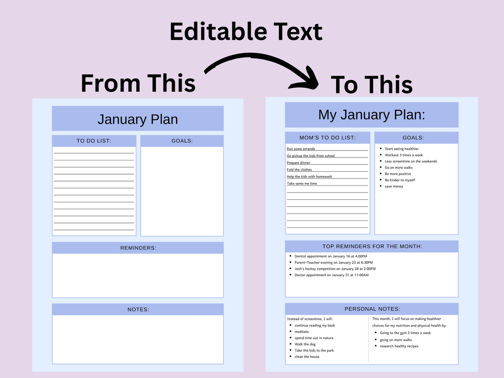 January plan template with editable text feature on a pink background
