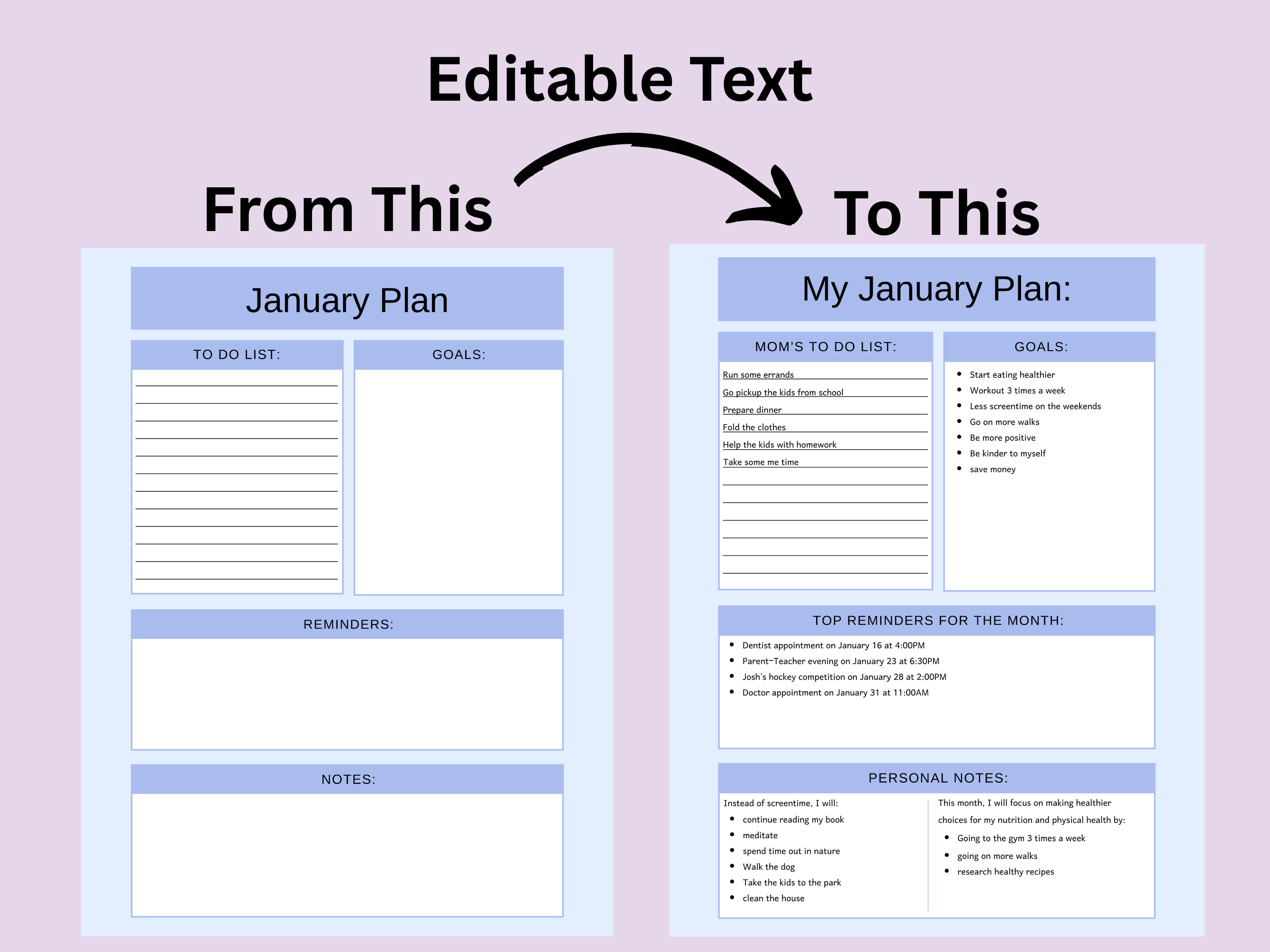 January plan template with editable text feature on a pink background
