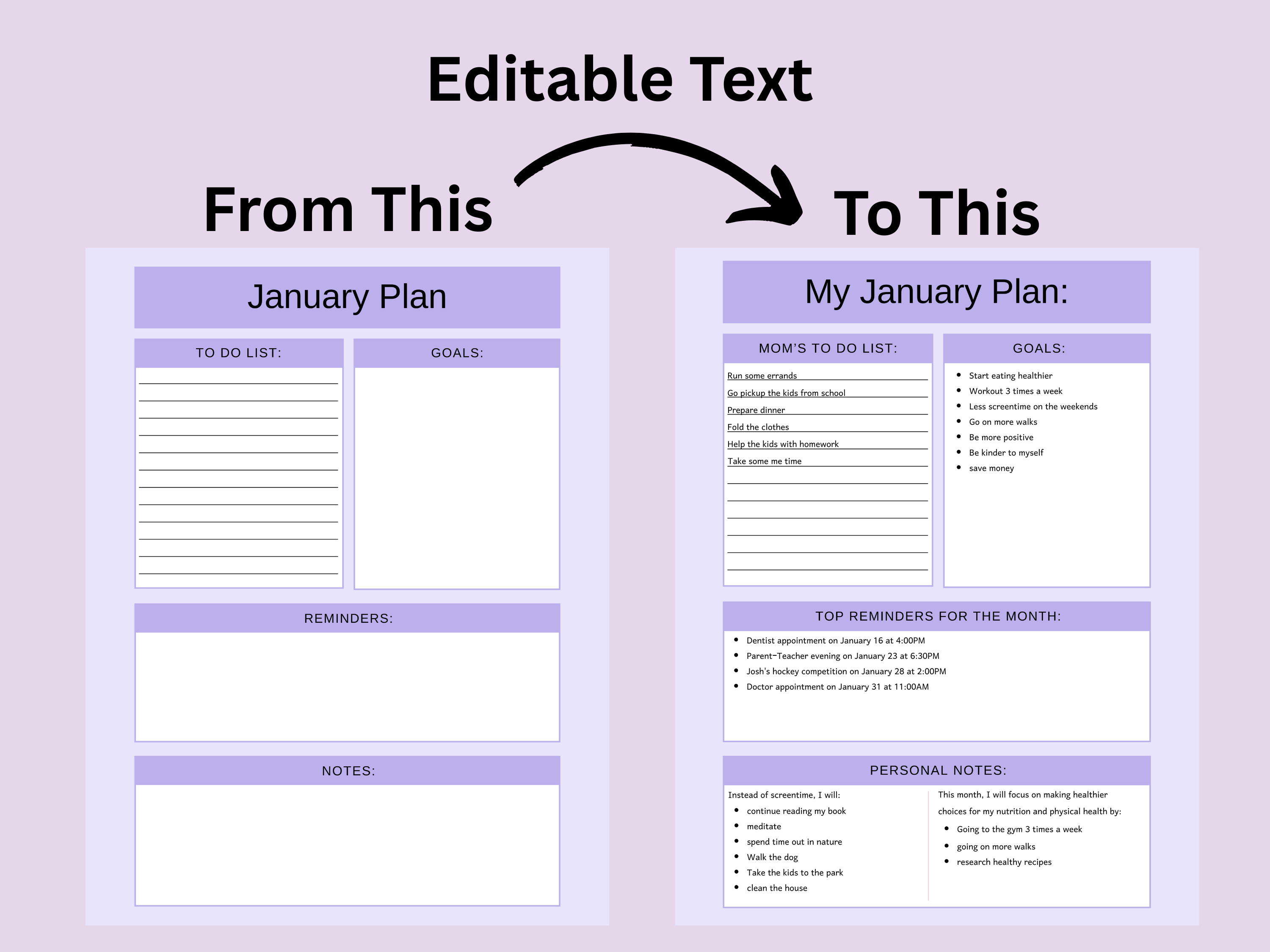 January plan template with editable text feature on a light purple background