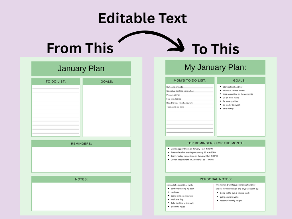 January plan template with editable text feature on a purple background