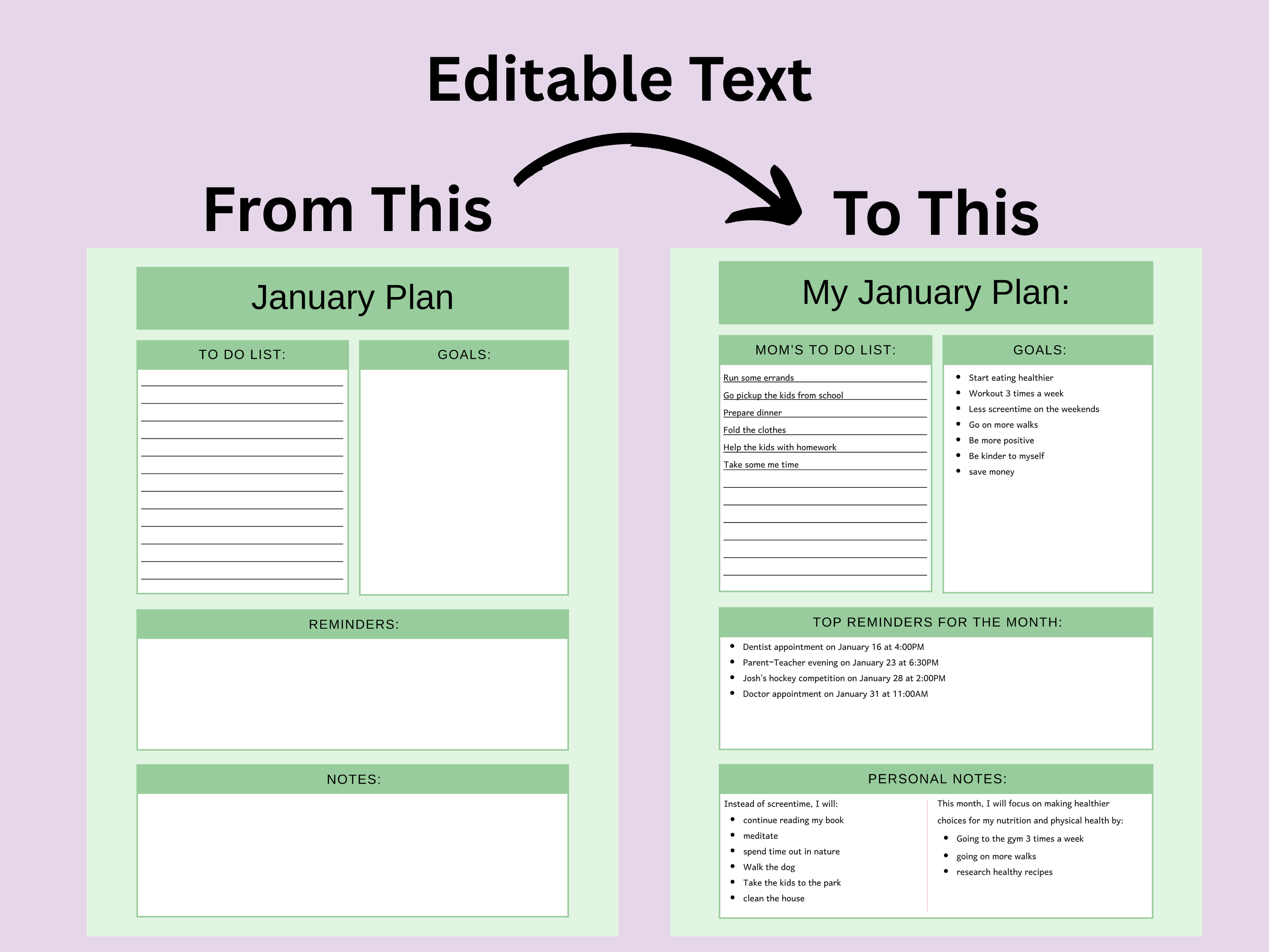 January plan template with editable text feature on a purple background