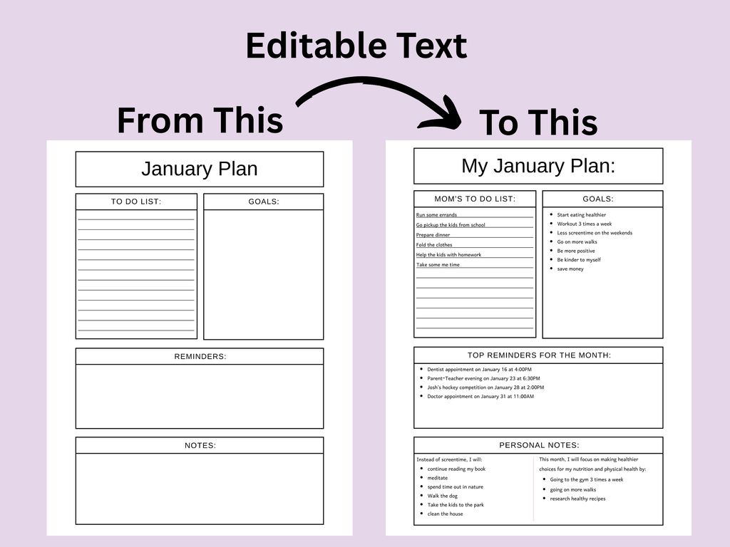 Comparison of a January plan template with editable text on a purple background