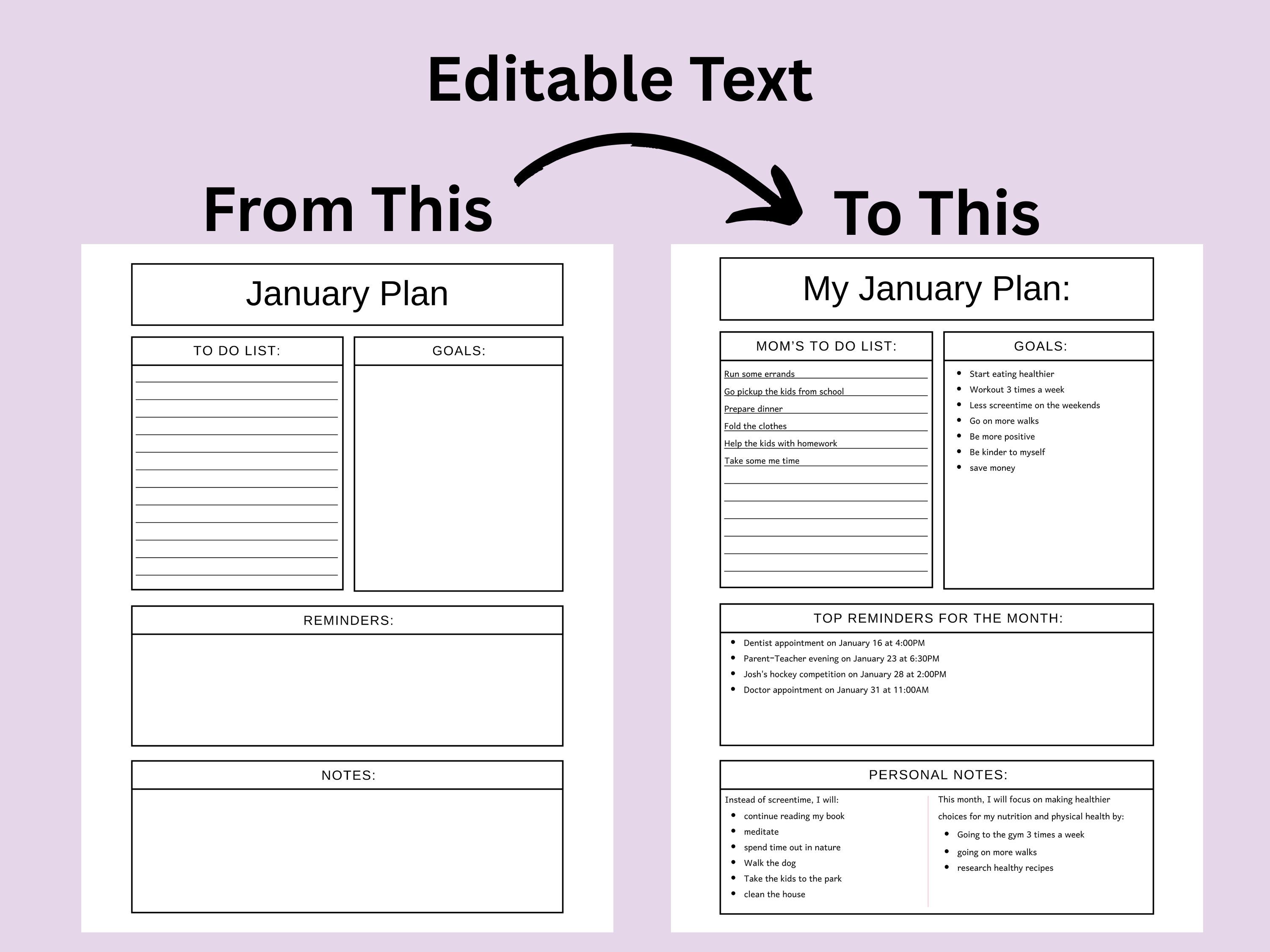 Comparison of a January plan template with editable text on a purple background