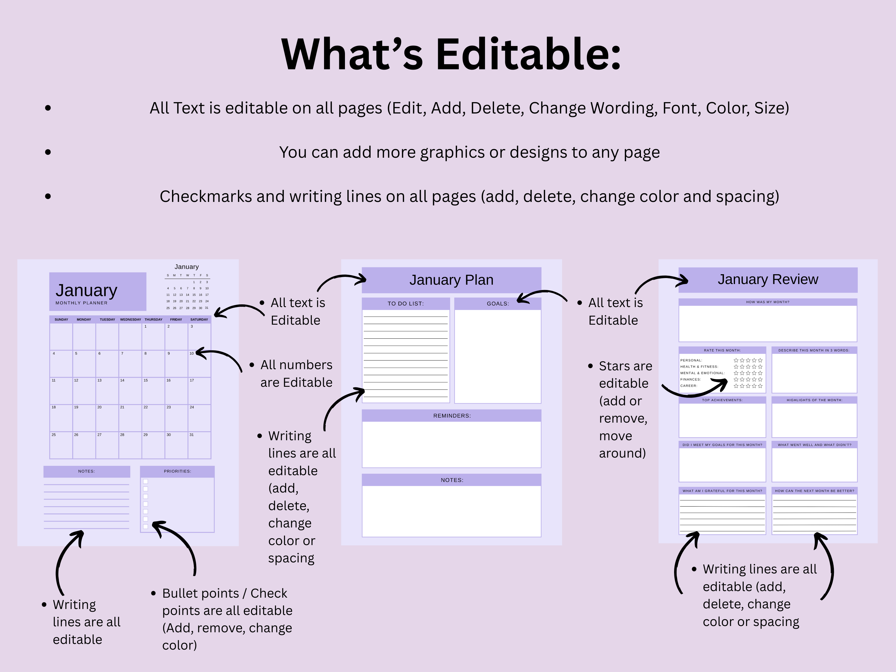 January planner with text, checkboxes, and writing lines on a light purple background