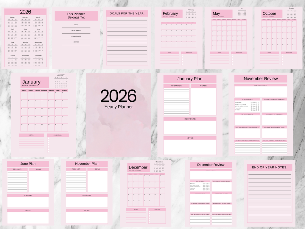 2026 yearly planner with monthly and weekly planning sections on a marble background