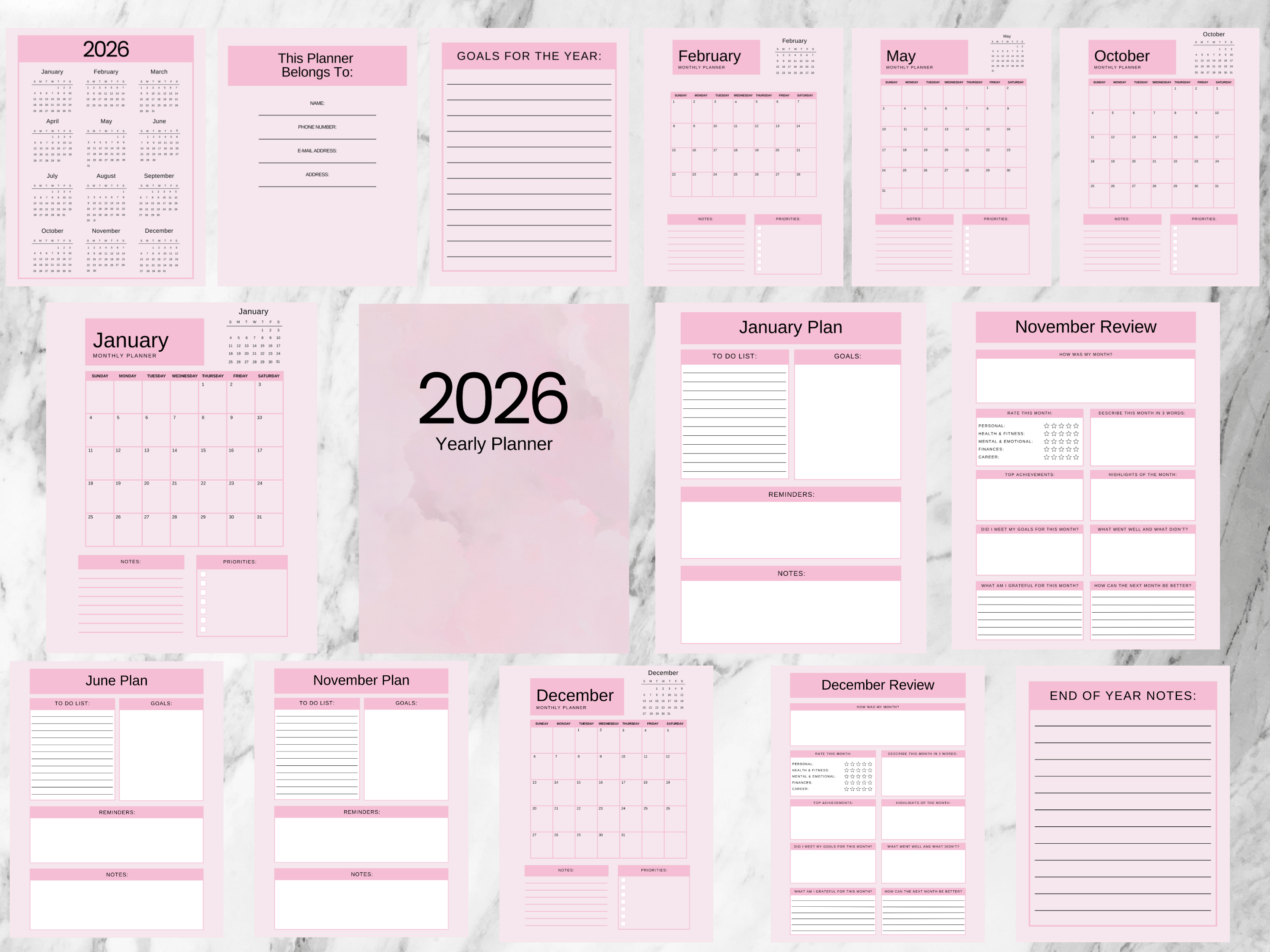 2026 yearly planner with monthly and weekly planning sections on a marble background