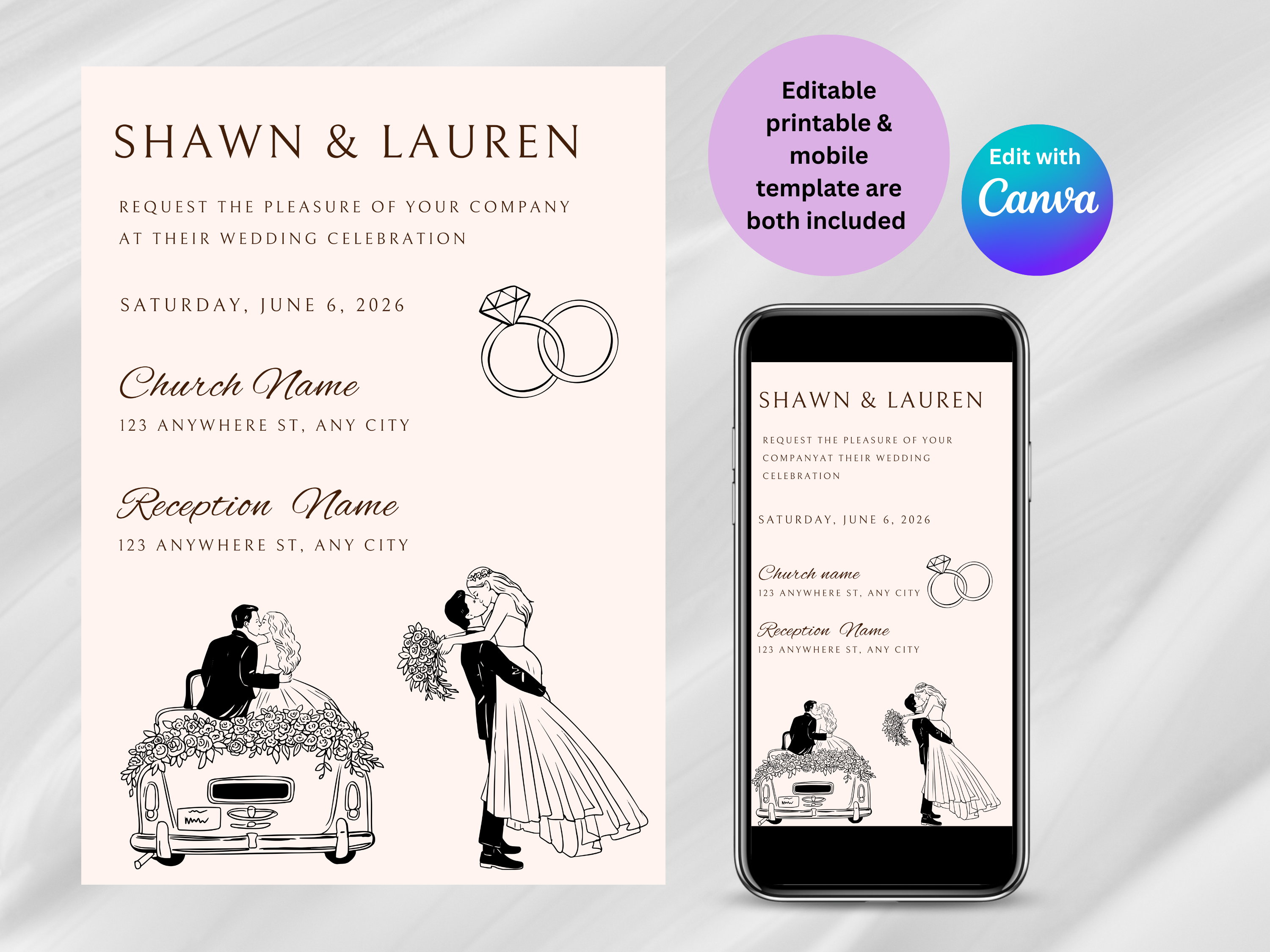 Wedding invitation card with phone displaying the same design on a gray background