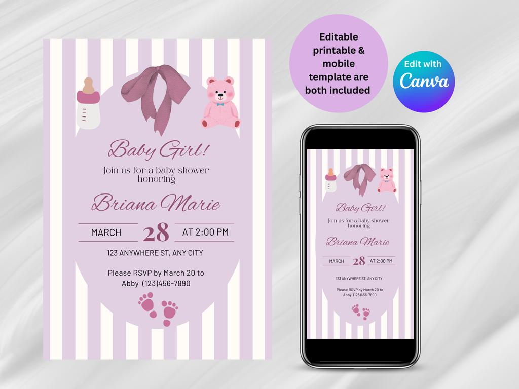 Baby shower invitation for a girl with a phone displaying the same design on a white background.