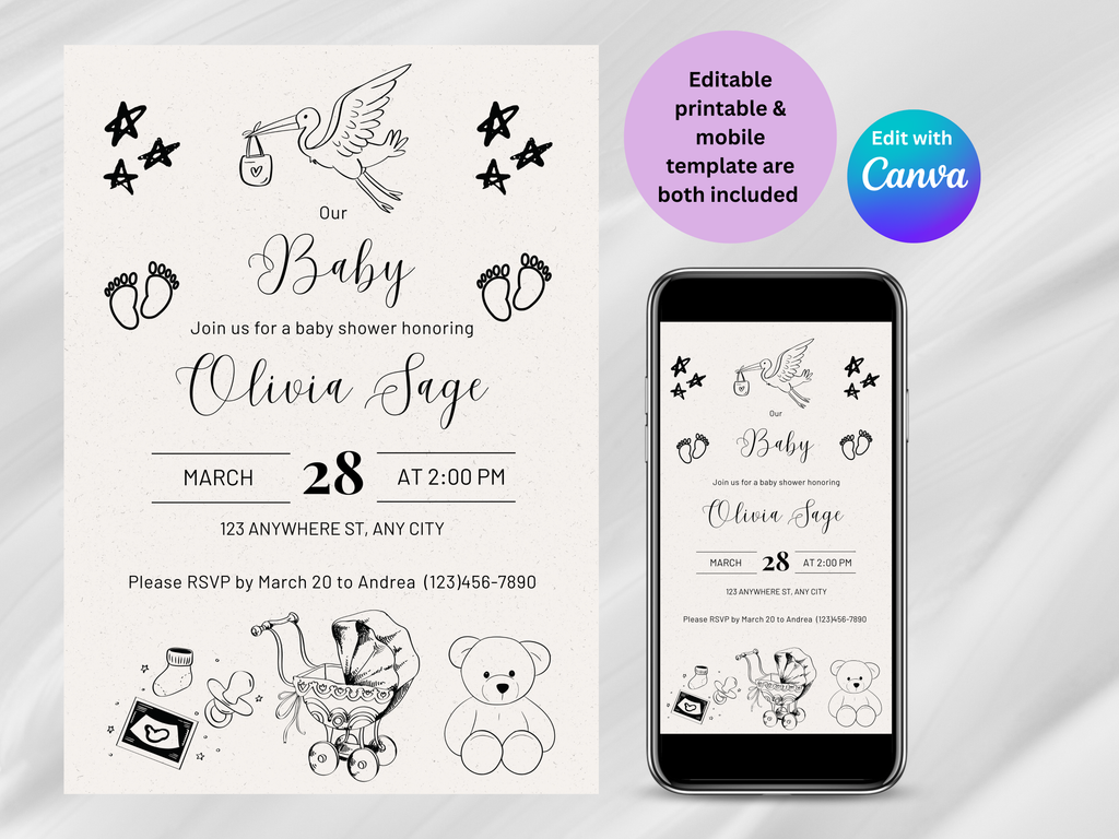 Hand-Drawn Theme Baby Shower Editable Digital Invitation (Printable & Mobile Versions included)