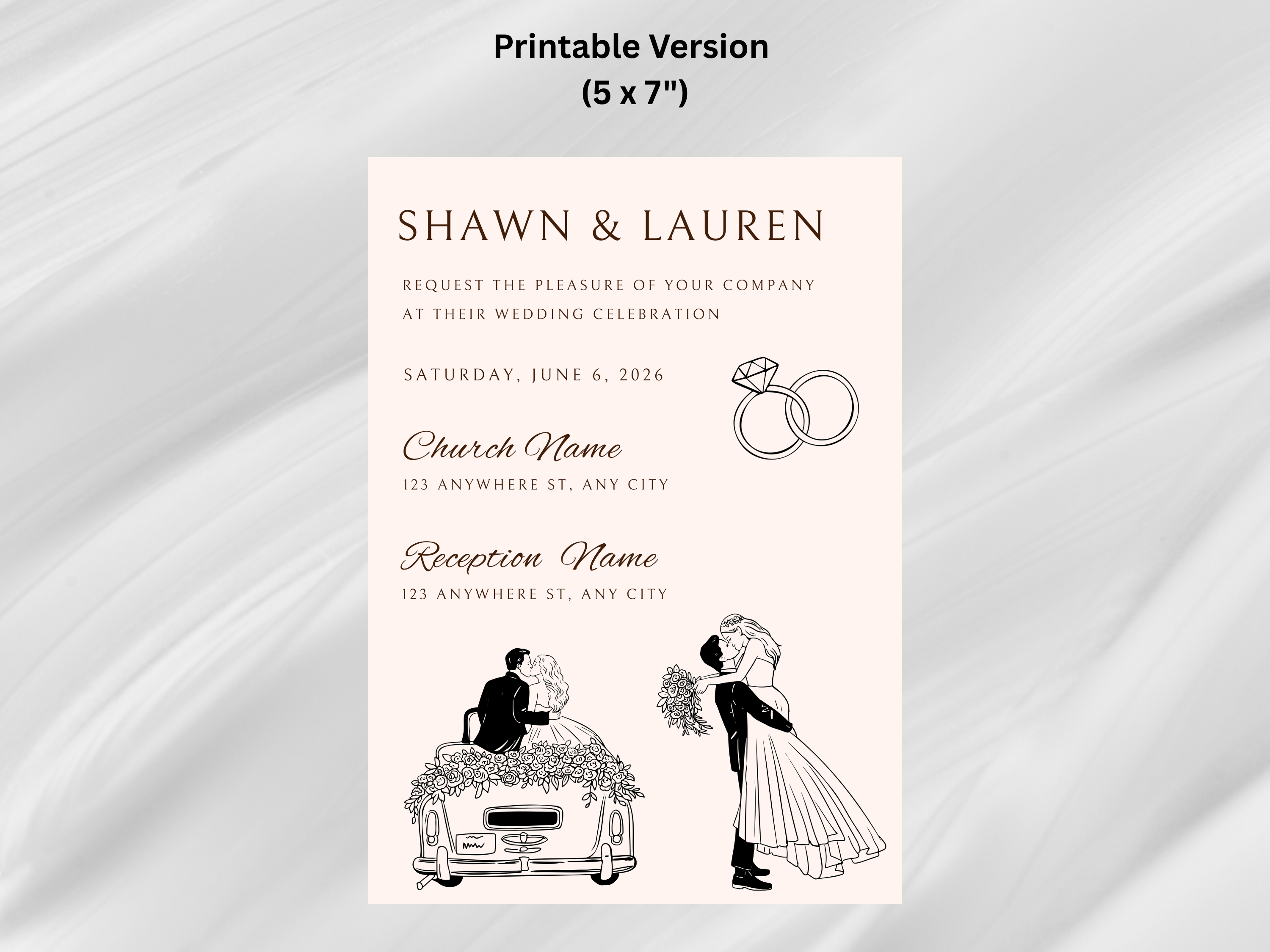 Wedding invitation card with black and white illustrations on a light pink background