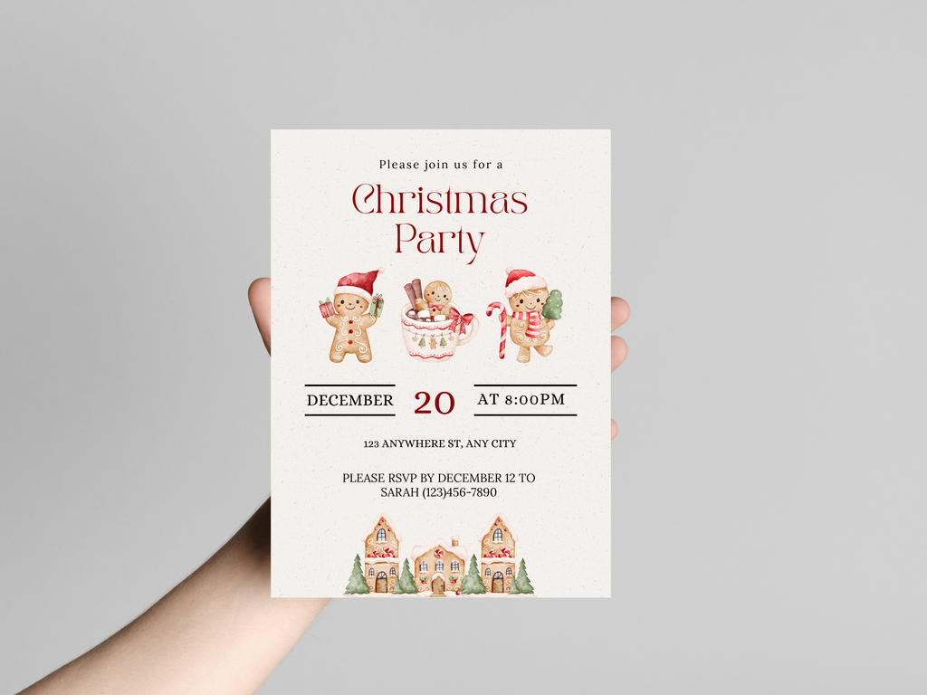 Christmas party invitation with gingerbread men and village houses on a gray background