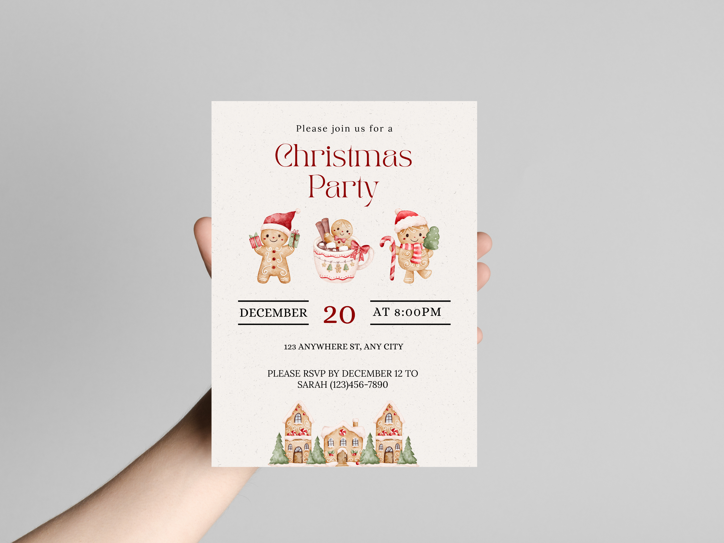 Christmas party invitation with gingerbread men and village houses on a gray background