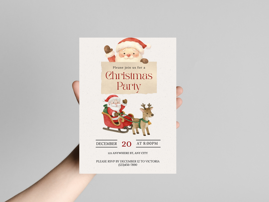 Hand holding a Christmas party invitation with Santa Claus and reindeer design.