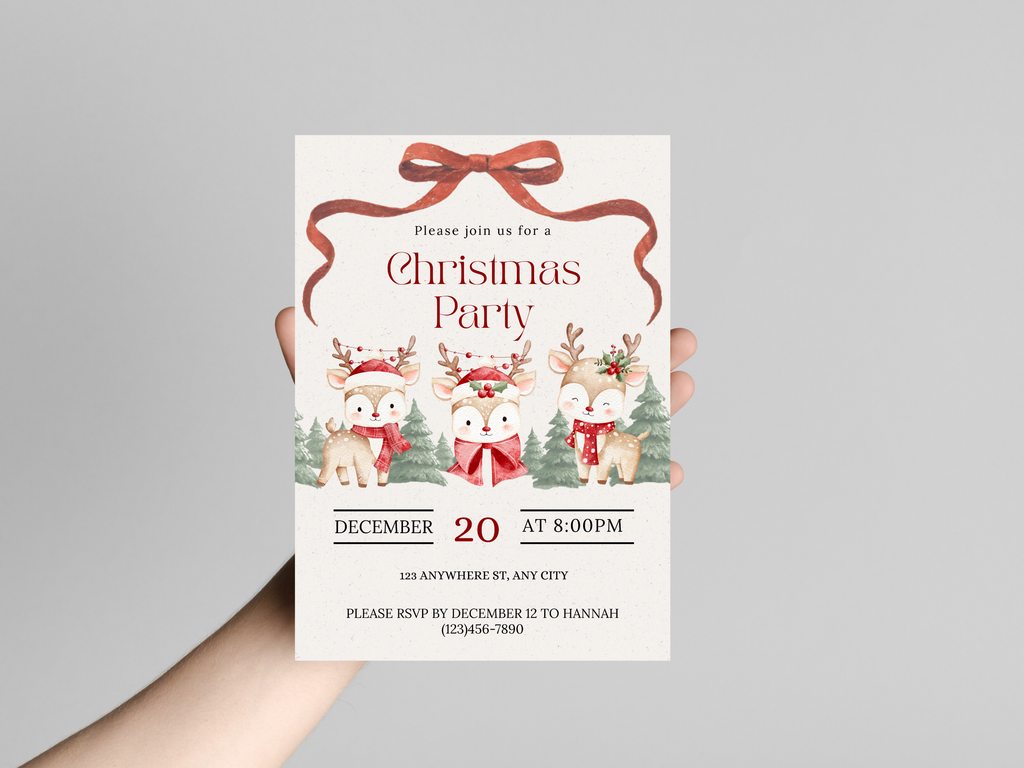 Hand holder Christmas invitation with reindeers.