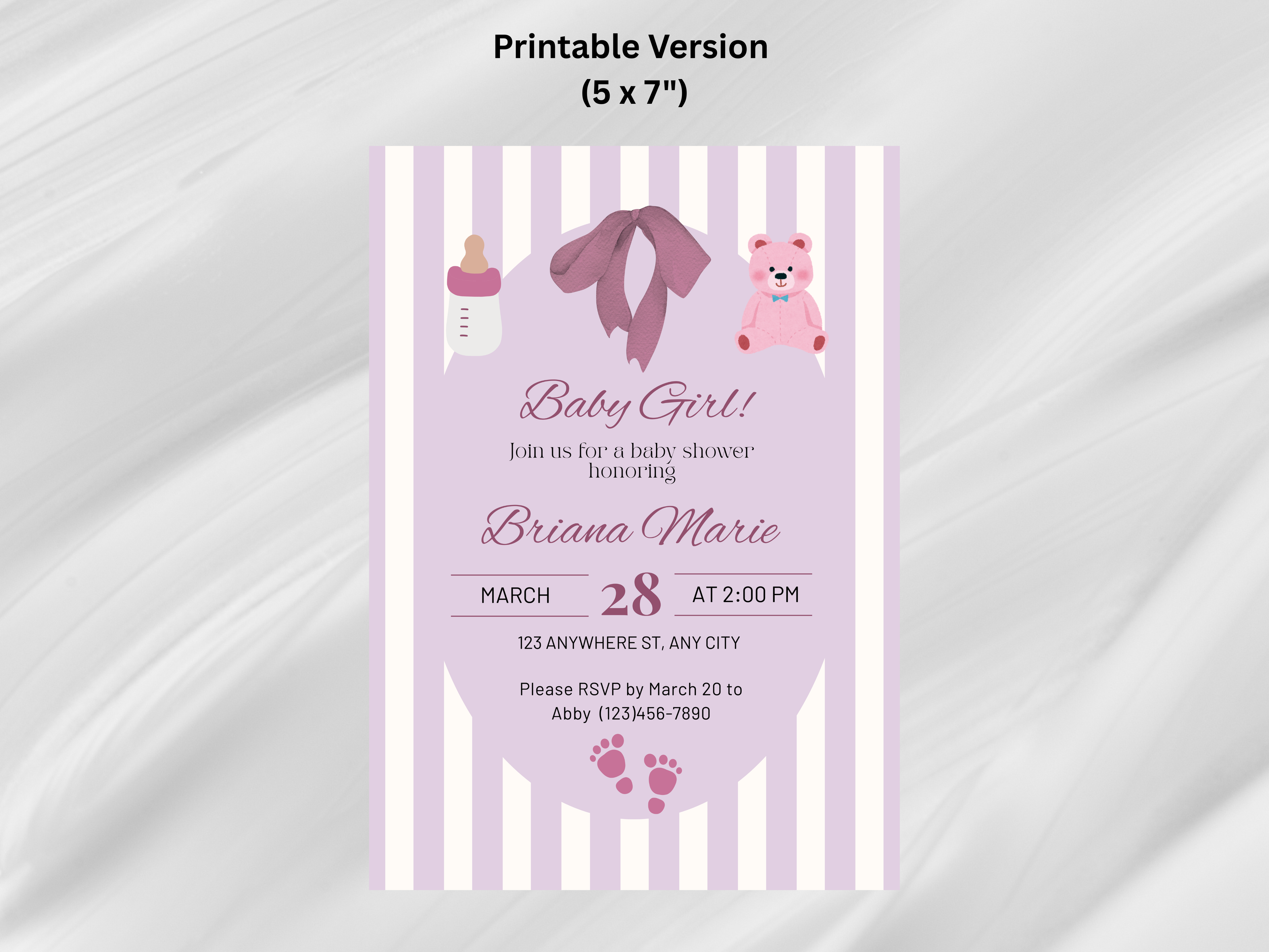 Baby shower invitation for a girl with pink and purple design on a white background