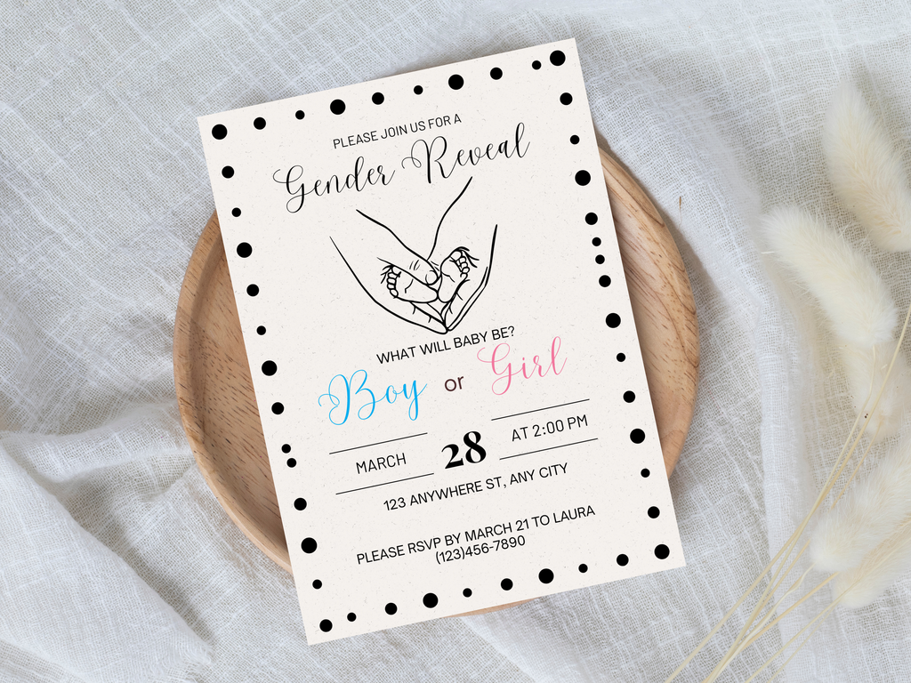 Gender reveal invitation card on a textured surface