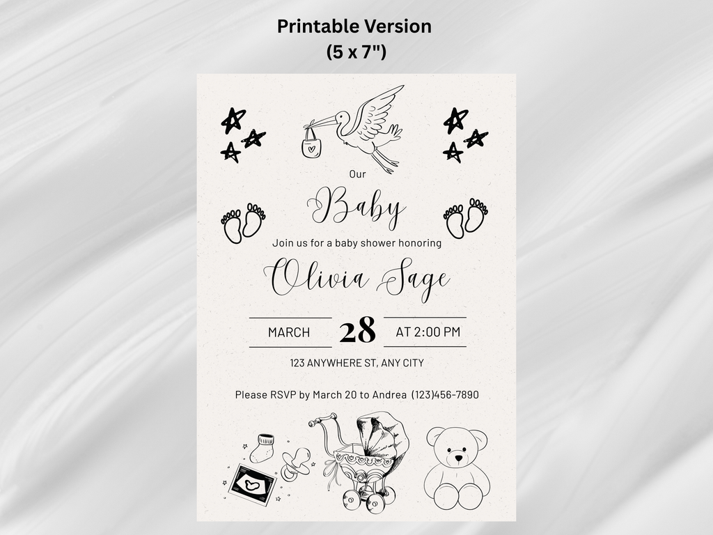 Hand-Drawn Theme Baby Shower Editable Digital Invitation (Printable & Mobile Versions included)